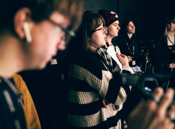 Photograph of students in media studio