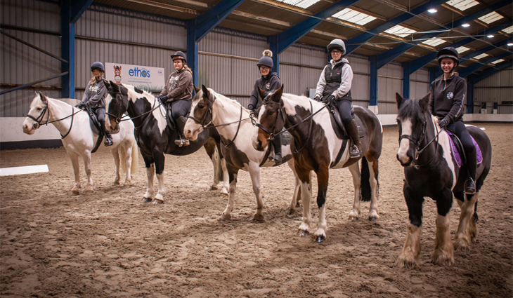 Five Equine students sat on horses in a line in the indoor arena