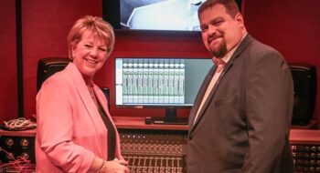 Claire Boliver and Dave Robertson MP in music studio control room